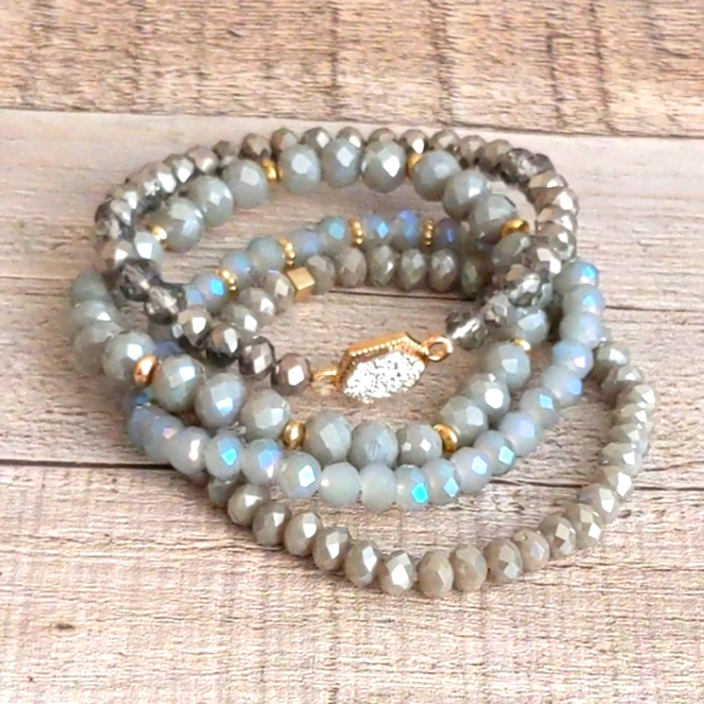 Silver & Gray Crystal Beaded Boho Bracelets Multi Layer Stretch Natural Gemstone - Picture 9 of 12